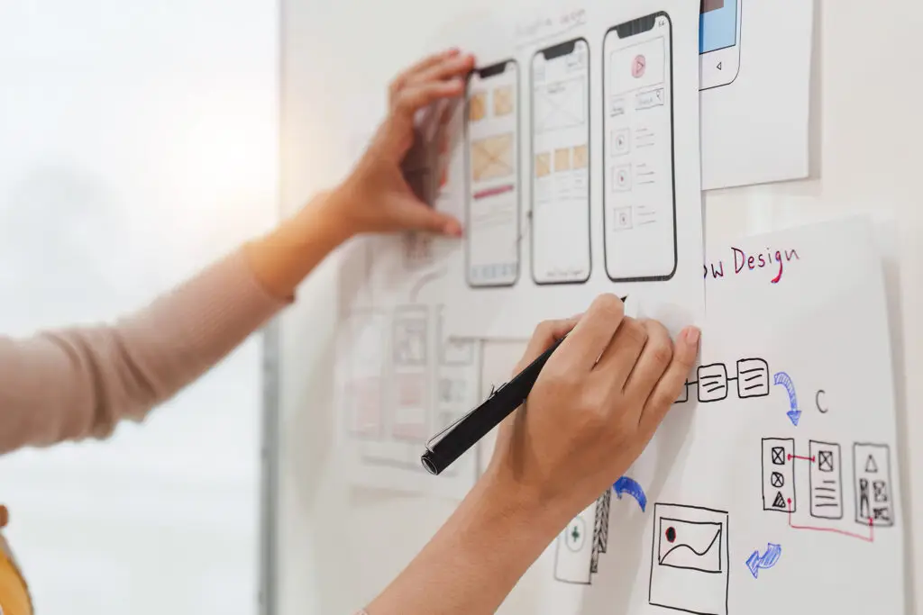 Web design team collaborating on a WordPress site, showcasing AI-powered search and chatbot features